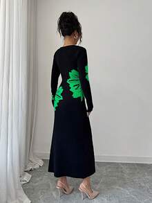 Elenzga Square Neck Jacquard Knit Bodycon Waist Sweater Dress - Green - View 2