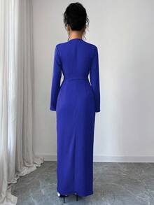 Elenzga Women's Elegant Solid Color Wrap Dress, Suitable For Commuting - Royal Blue - View 2