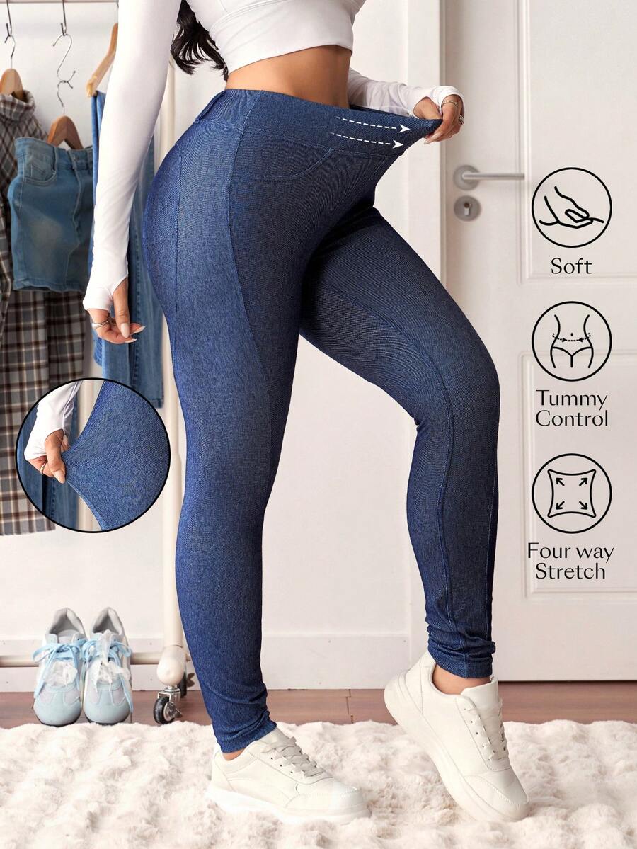 SHEIN Essnce 女式松紧腰紧身休闲牛仔裤 - 藍色 - 查看 1