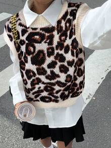 SHEIN Frenchy 女士休闲豹纹撞色滚边宽松针织背心（不含衬衫），适合秋冬季上学穿着 - 彩色 - 查看 3