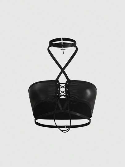 ROMWE Grunge Punk Áo ngực hở lưng gợi cảm bằng da PU Grommet Gothic Punk dành cho nữ