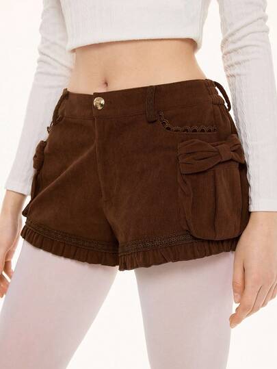 Kawaii Shorts en velours côtelé à taille basse avec décoration de nœud en dentelle vintage patchwork 3D pour femmes