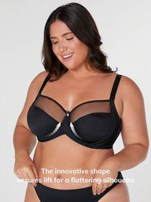 LUVLETTE Plus Black Unlined Full Coverage Side Support Mesh Sheer Basic Breezy Comfort Minimizer Bra - Black - View 4