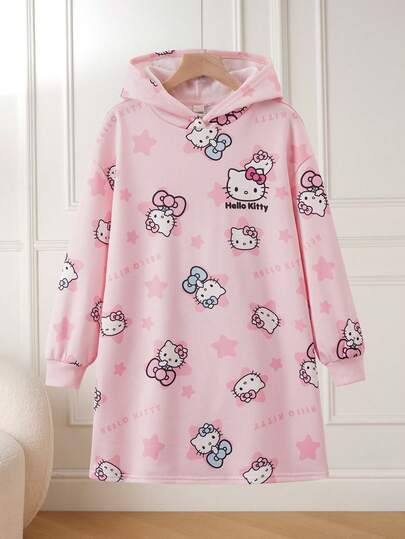 HELLO KITTY AND FRIENDS | SHEIN Tween Girl schattige cartoon samenwerking sterrenprint volledige grafische drop schouder gebreide hoodie jurk, roze