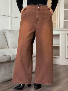 Dazy Plus 大码女式做旧磨边腰设计宽松阔腿复古休闲牛仔裤，适合所有季节 - 卡其色 - 查看 3