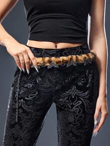 ROMWE Goth Retro Skull And Butterfly Design Lady's Waist Chain, Leopard Yellow Imitation Fuzz, Halloween - yellow leopard print - View 3