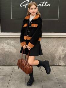 MODELY Tween Girl Girls Plush Jacket, Colorblock Long Sleeve Faux Fur Collar Jacket, Casual Wear For Autumn/Winter - Black - View 7