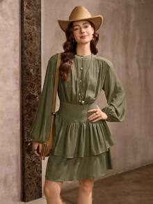 Wildy Women's Casual Textured Ruffle Hem Mini Dress, Suitable For Everyday Wear In Autumn/Winter - Green - View 4