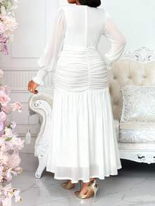 SHEIN Lady CURVE 大码女士优雅纯色褶皱连衣裙 - 白色 - 查看 7