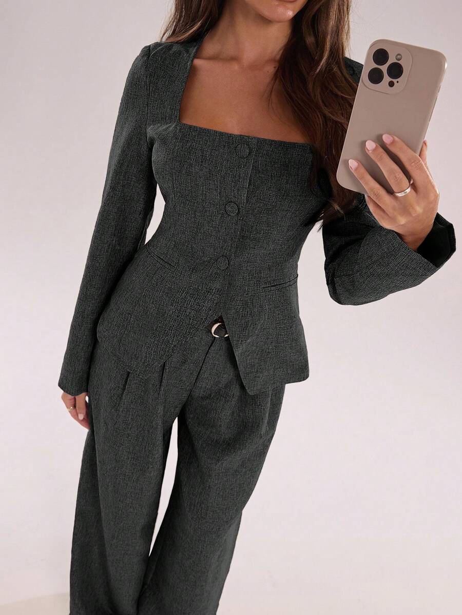SHEIN BAE Distinctive Square Collar Design Office Blazer - Dark Grey - View 1