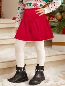 SHEIN 女孩休闲针织高腰裙，日常穿着，母女装，非常适合秋冬季的休闲日常穿着和上学穿着，也适合圣诞派对，红色。 - 金色 - 查看 1