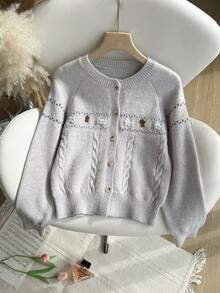 Genkimix Kids 淺灰色青少年女孩花卉刺繡開襟衫，可愛返校季秋冬毛衣外套，節日兒童青少年女孩鈕扣毛衣，秋季 - 灰色 - 查看 4