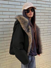 DAZY 女士拼接毛领宽松长袖连帽休闲街头风羽绒服，秋冬款 - 黑色 - 查看 5