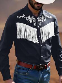 Manfinity Nomadique Men's Fashionable Western Style Fringe Decorated Shirt, Long Sleeve Top