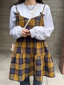 FRIFUL 女士格子吊带蝴蝶结交叉A字拼接休闲背心，秋季 - 卡其色 - 查看 5