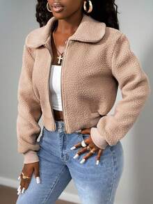 BamGleam Hanorac din fleece pentru femei, culoare uni, cu mânecă lungă și guler cu fermoar, toamnă/iarnă - Kaki - Vizualizare 5