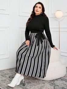Modelyn 大码女式休闲通勤日常百搭撞色条纹高领系带毛衣连衣裙，秋冬款 - 黑色 - 查看 5