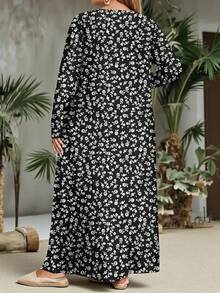 Mellowie Abito a maniche lunghe con scollo tondo e stampa floreale ditsy, adatto per autunno/inverno, vacanze e regalo per insegnanti, taglie comode - Multicolore - Visualizzare 2