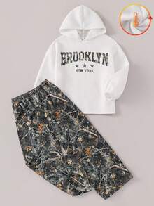 2pcs BASICS Tween Girl White Autumn Cow Boy School Back-To-School Printed Hoodie And Straight Loose Fit Sweatpants Knit Tracksuit Set For Everyday - Multicolor - View 3