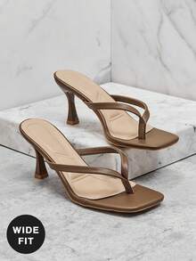 SHUZIA 宽楦女士舒适小猫跟方头仿麂皮人字拖凉鞋 - 橄欖綠 - 查看 3