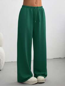 SHEIN EZwear 大码女式纯色休闲低腰抽绳宽松直筒运动裤 - 墨綠色 - 查看 1