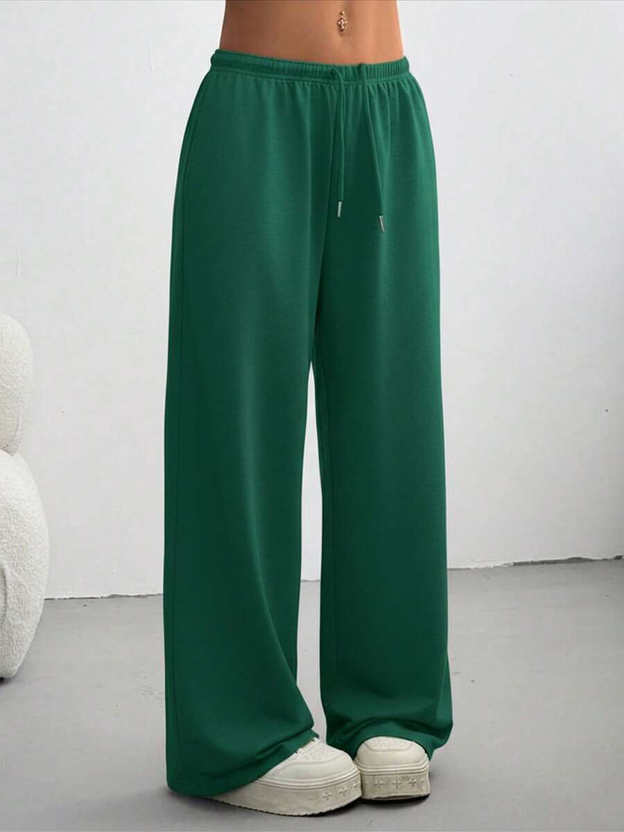 SHEIN EZwear 大码女式纯色休闲低腰抽绳宽松直筒运动裤 - 墨綠色 - 查看 1