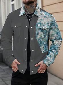 Manfinity CasualCool 男士花卉图案前扣休闲长袖夹克珍珠扣衬衫男士衬衫街头服饰男士花卉纽扣衬衫 - 灰色 - 查看 5