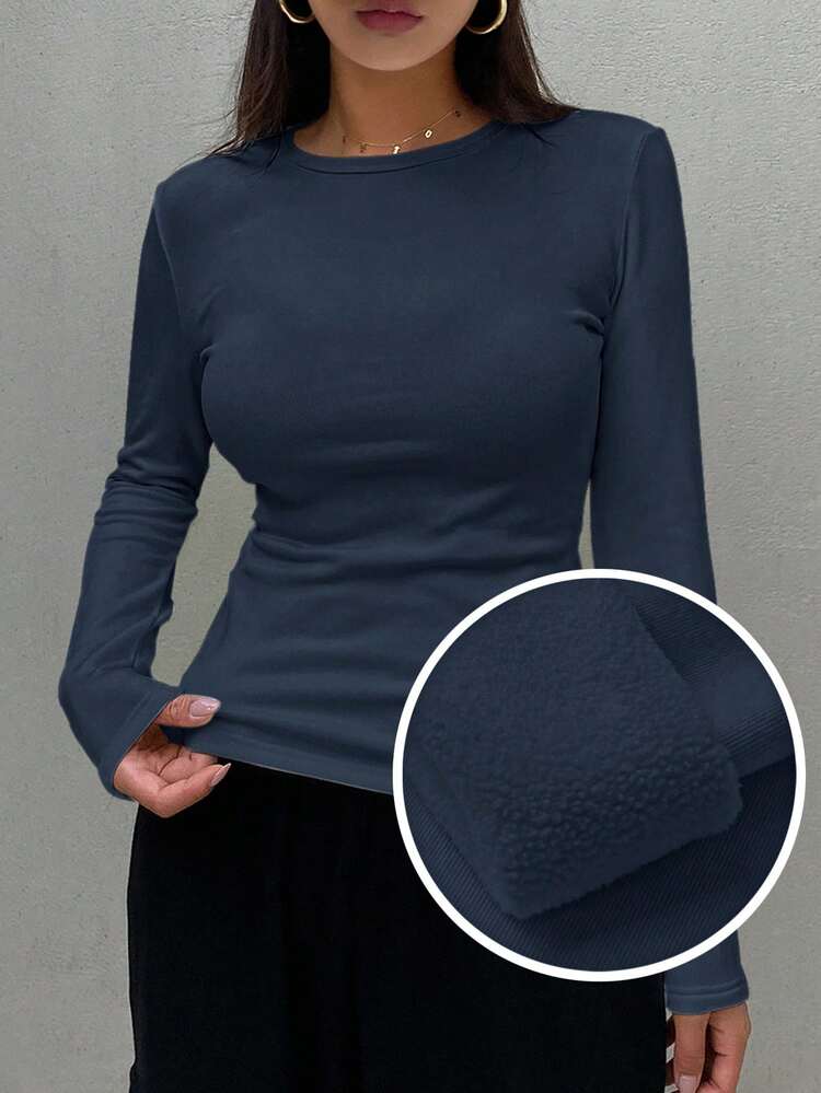 Women's Casual Everyday Commute Simple Solid Color Thermal Lined Long Sleeve Fitted T-Shirt, Autumn/Winter