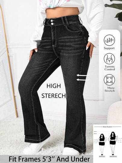 SHEIN PETITE CURVE Plus Size Dam Blå Denim Flare Jeans