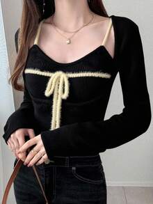 FRIFUL 女式杏色纯色内袋无袖夹克，长袖撞色抽绳蝴蝶结针织毛衣两件套，秋季