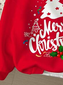 SHEIN Leap Crew 少女圣诞快乐可爱趣味卡通手绘英文字母圣诞树图案印花卫衣，红色，喜庆，亲子装，休闲宽松舒适长袖卫衣，适合秋冬季圣诞节穿着，时尚秋季新款 - 彩色 - 查看 5