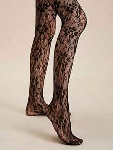 ROMWE Goth 2 Pairs French Fashion Black Rose Lace Stockings, Suitable For Pairing With Dresses - Black - View 3