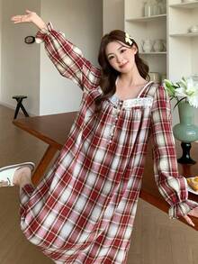 DAZY Women's Sweet Plaid Ruffle Hem Nightgown, Autumn/Winter, Moo Moo Night Dress - Red - View 6