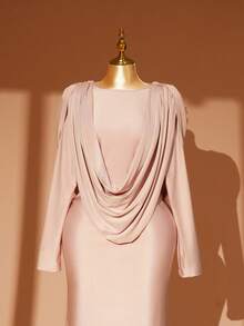 Rometta Plus Size Women Elegant Round Neck Banquet Draping Shoulder Formal Gown, Ruched Design Fitted Mermaid Dress - Pink - View 9