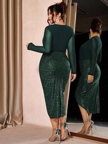 Cravure Đầm ôm sát tay dài cổ chữ V cỡ lớn dành cho nữ, đa năng giúp thon gọn và kéo dài cơ thể, thích hợp mặc hàng ngày và dự tiệc sang trọng - Màu xanh lá cây đậm - Xem 2