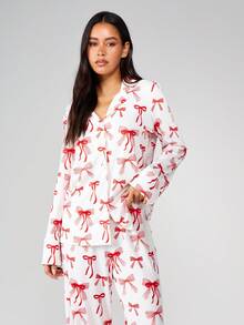 MISSGUIDED Bộ đồ ngủ in nơ tay dài cài nút phía trước cho nữ Bộ đồ ngủ thoải mái cho ngày lễ Giáng sinh - Đỏ - Xem 3