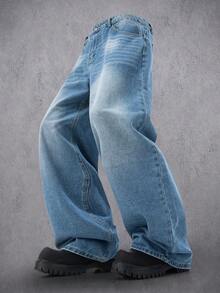 Manfinity Denimwave Herren einfarbige Jeans im täglichen Stil, schlichte blaue Cargo Jeans in weiter Passform mit Waschung, als Geschenk für Ehemann oder Freund - Blau - Übersicht 4