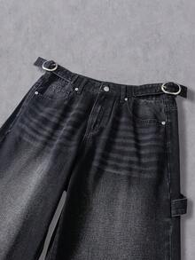 Manfinity Denimwave 男士几何图案口袋直筒休闲牛仔裤，适合外出聚会、通勤、度假、街头、垃圾摇滚风 - 黑色 - 查看 4