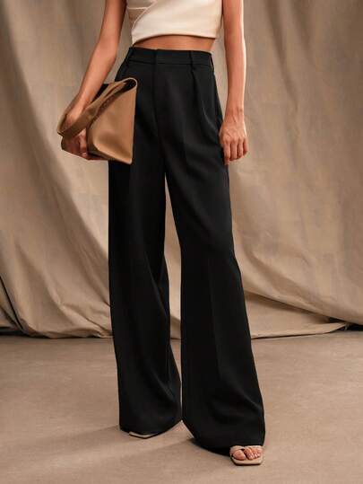 Anewsta Petite Elegant Fashion Design Pleated Suit Pants, Pockets, Straight Leg, Petite