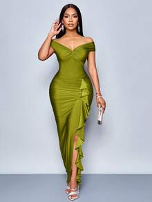 SOLERSUN 夏秋季女士服装派对酒红色露肩短袖前胸中心结侧褶前开衩荷叶边长裙 - 綠色 - 查看 5