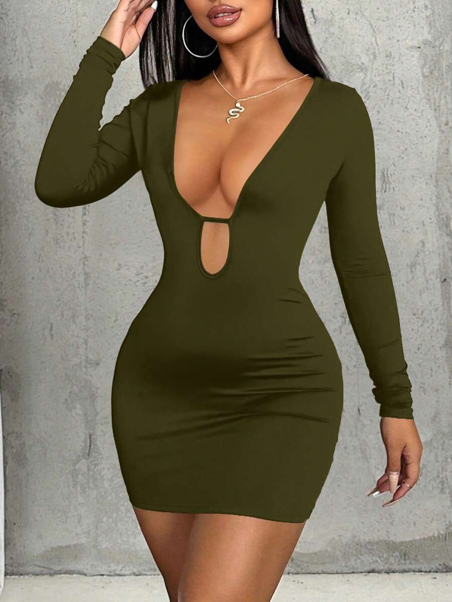 Zolique 女士时尚性感低领修身迷你连衣裙 - 墨綠色 - 查看 1