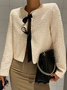 Livesso 女士优雅纹理开衫衬衫，撞色蝴蝶结设计，适合新年、圣诞节、婚礼、派对、舞会、春秋冬季女式外套 - 米色 - 查看 2