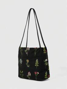 ROMWE Fairycore Túi Tote Thêu & In Mới Mùa Xuân/Hè 2024 Cho Nữ, Túi Đeo Vai & Đeo Chéo Bằng Vải Canvas Dung Tích Lớn Thời Trang - màu đen - Xem 2