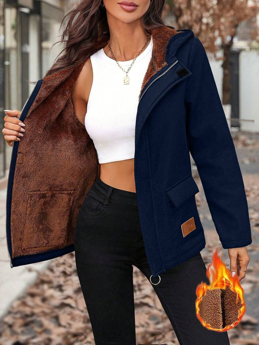 SHEIN LUNE 女士纯色保暖连帽衫，带口袋，常规版型，休闲日常外套，秋冬款 - 藏蓝色 - 查看 1