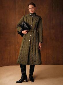 MOTF PREMIUM 女士高领撞色滚边系带长款绗缝冬装外套 - 軍綠色 - 查看 5