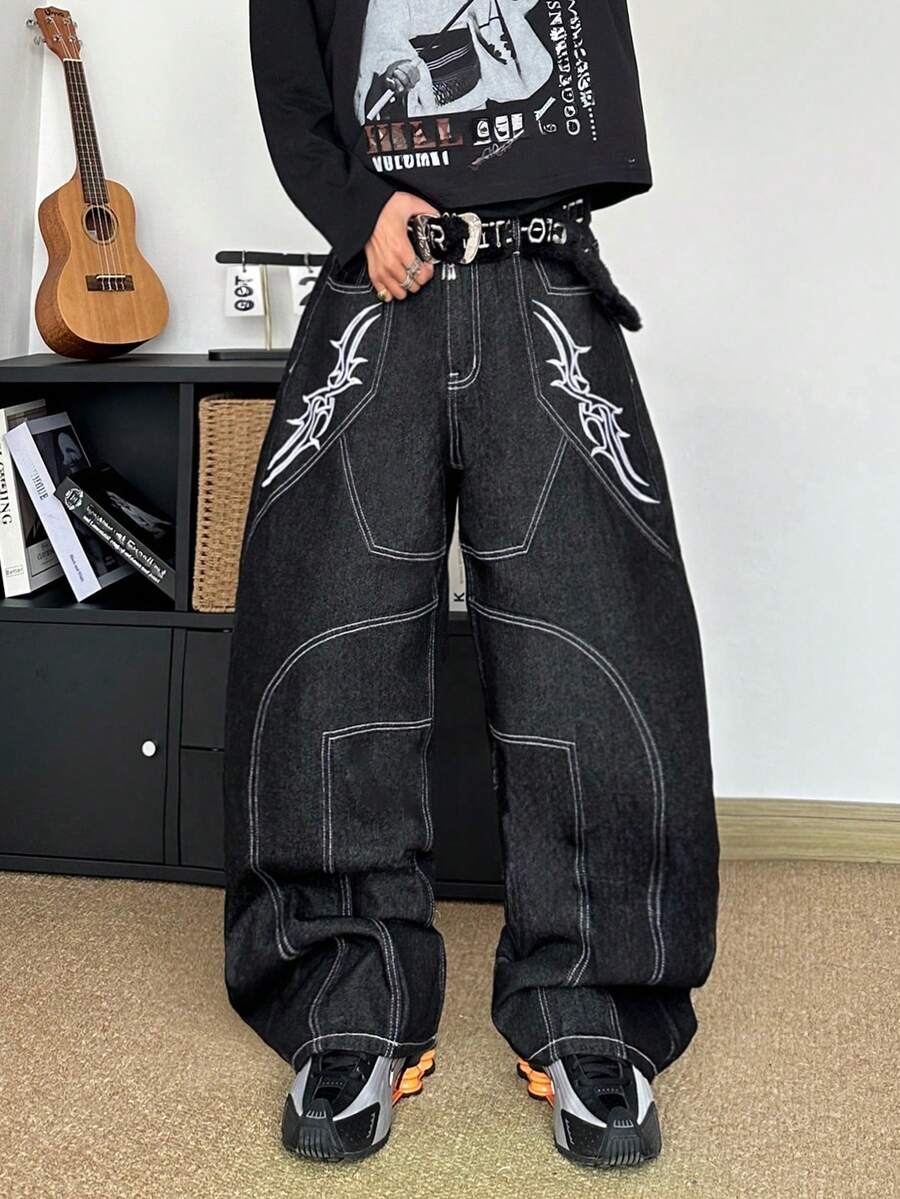 STEELVANCE Herren Loose Fit Jeans mit grafischem Linienmuster