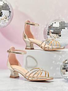 Mini mi Girls' Sparkly Gold Kitten Heel Sandals With Rhinestone Straps & Ankle Buckle – Perfect For Party & Pageant - Gold - View 1