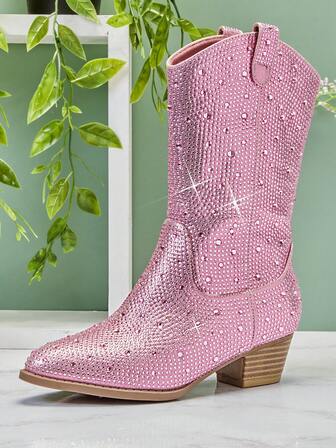 Mini mi Botas vaqueras rosas con tacón de bloque, puntera afilada y rhinestones para niños - Declaración glamorosa de la pasarela a la calle