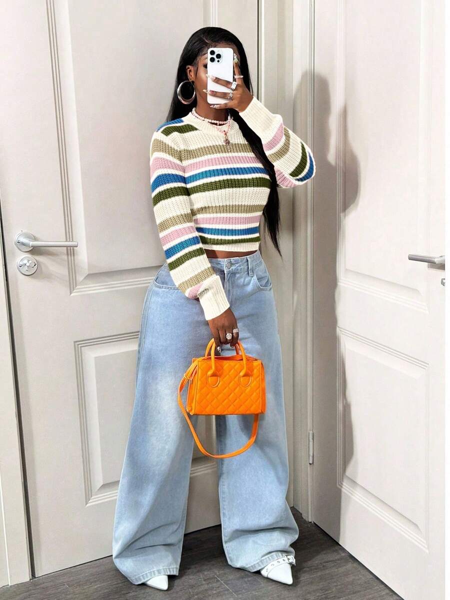 BamGleam 女士条纹休闲针织衫，秋冬季 - 杏色 - 查看 1