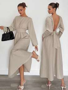 Siren Gaze Váy dài vừa phải hở lưng tay cánh dơi thường ngày dành cho nữ, váy cưới, váy công sở thường ngày, váy thường ngày dành cho nữ, váy phong cách Bohemian, váy tiệc trà, váy bó, váy dài tay - Màu be - Xem 1